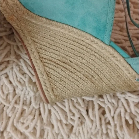 Trina Turk Turquoise Suede Leather Lace up Ankle Wrap Wedge Sandals - Picture 8 of 12